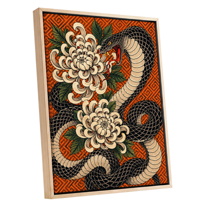 Serpent in Bloom, black, beige, green nature wall art shown as a oak framed canvas wall art
