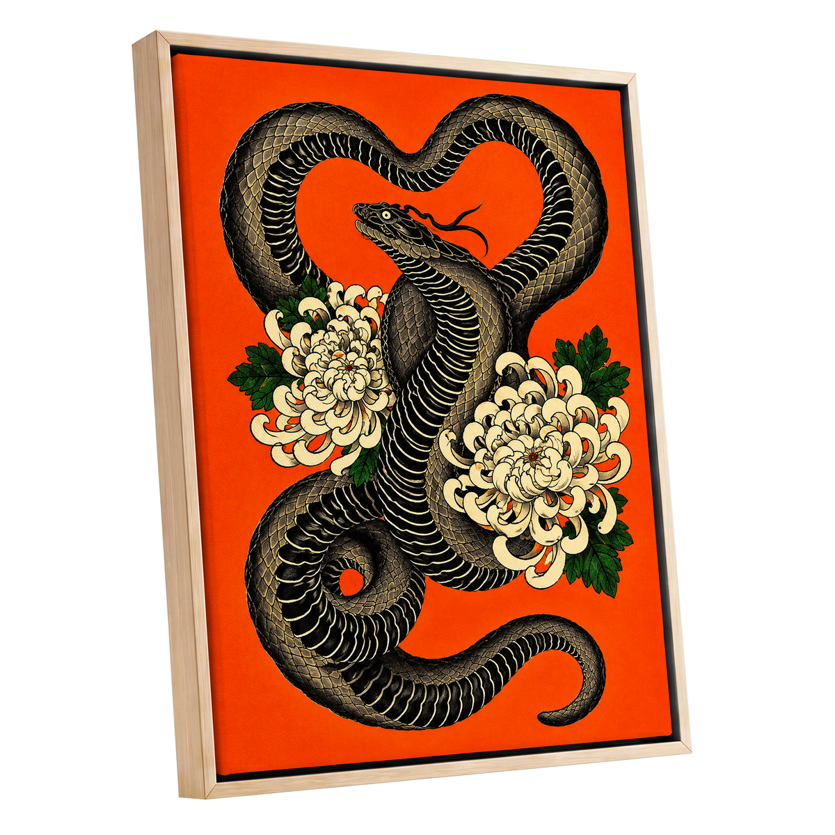 Serpent in Bloom, black, orange, beige nature wall art shown as a oak framed canvas wall art