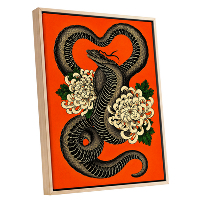 Serpent in Bloom, black, orange, beige nature wall art shown as a oak framed canvas wall art
