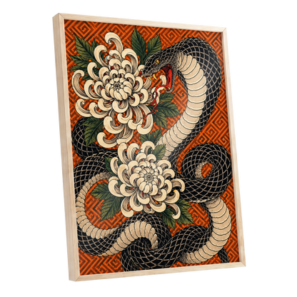 Serpent in Bloom, black, beige, green nature wall art shown as a oak framed poster wall art print
