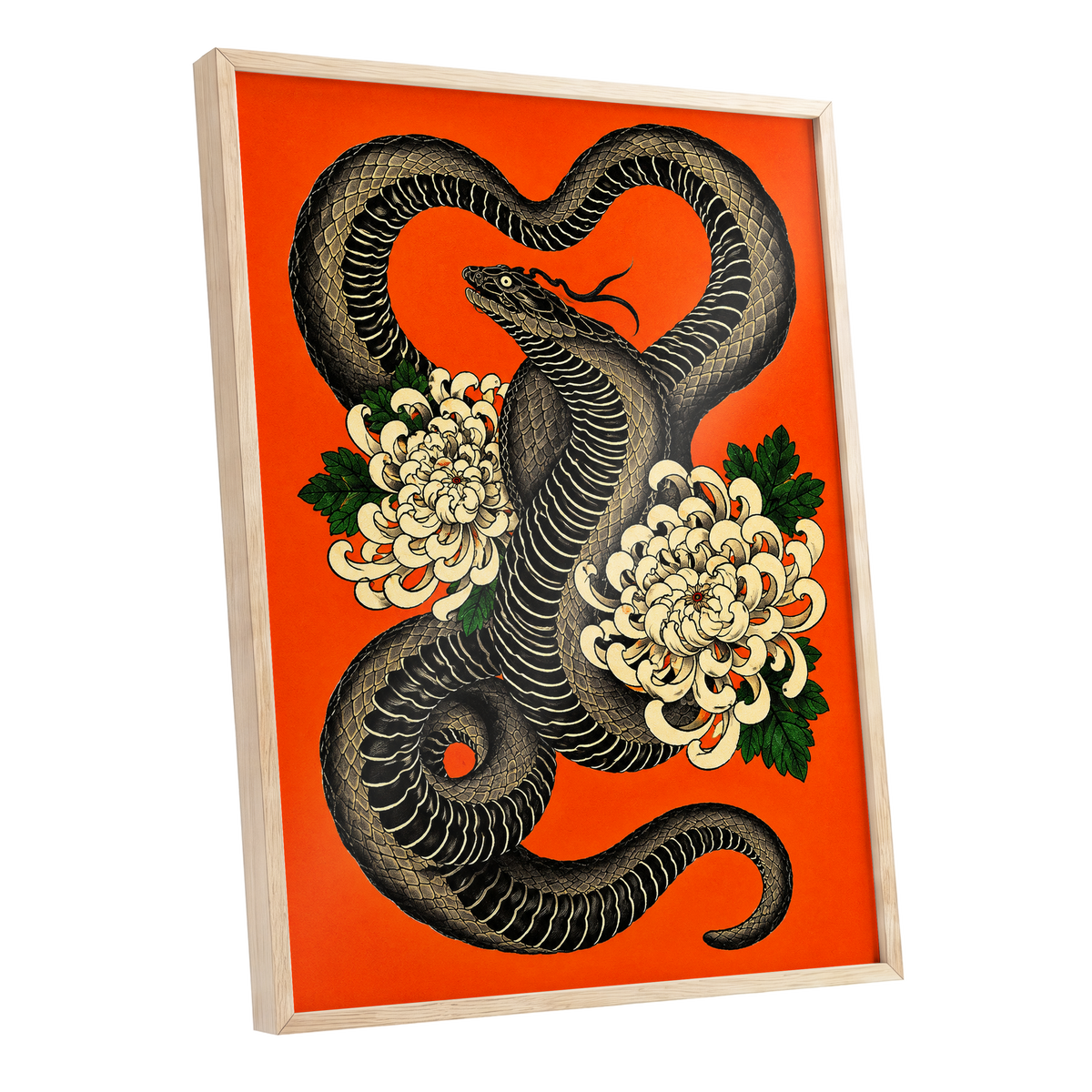 Serpent in Bloom, black, orange, beige nature wall art shown as a oak framed poster wall art print