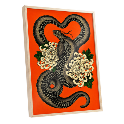 Serpent in Bloom, black, orange, beige nature wall art shown as a oak framed poster wall art print