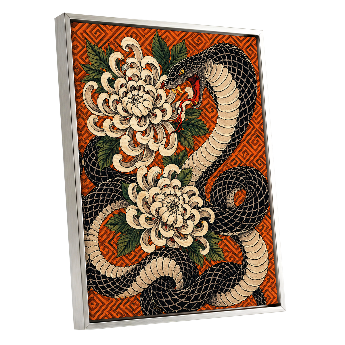 Serpent in Bloom, black, beige, green nature wall art shown as a silver framed canvas wall art
