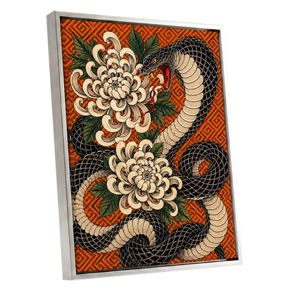 Serpent in Bloom, black, beige, green nature wall art shown as a silver framed canvas wall art