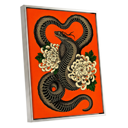 Serpent in Bloom, black, orange, beige nature wall art shown as a silver framed canvas wall art