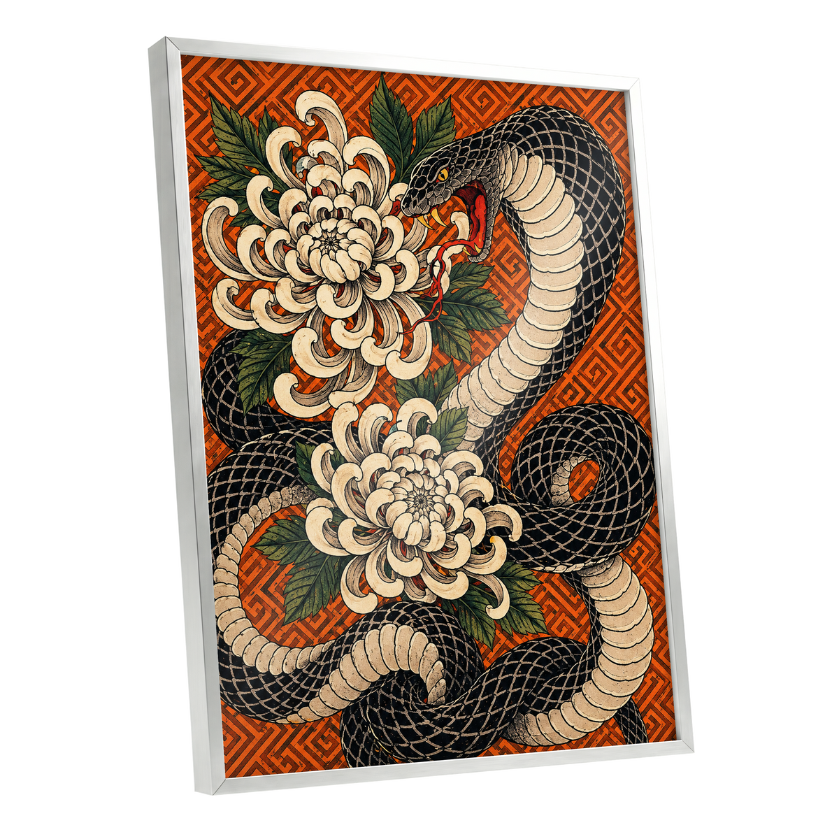 Serpent in Bloom, black, beige, green nature wall art shown as a silver framed poster wall art print