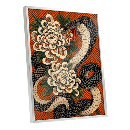 Serpent in Bloom, black, beige, green nature wall art shown as a silver framed poster wall art print