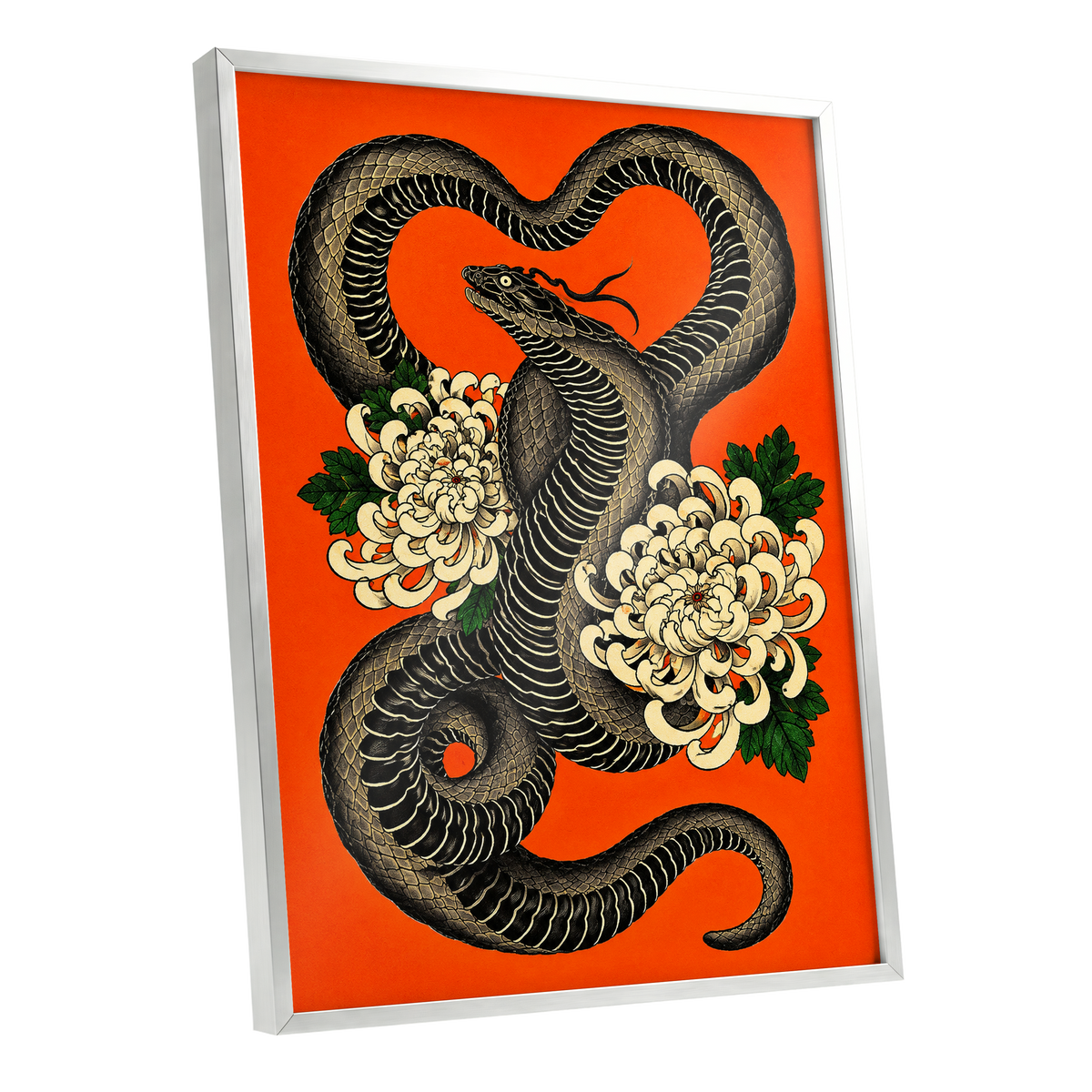 Serpent in Bloom, black, orange, beige nature wall art shown as a silver framed poster wall art print