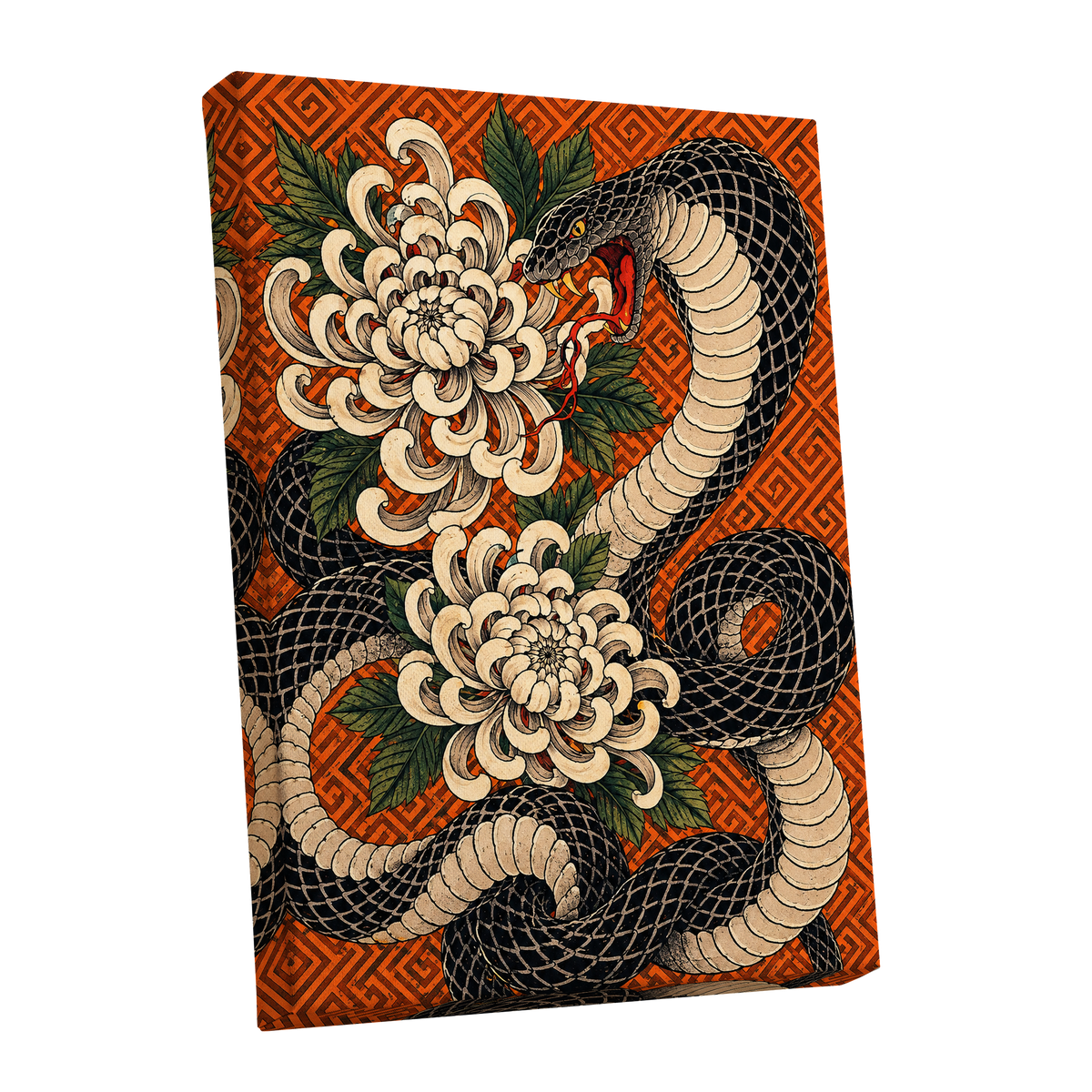 Serpent in Bloom, black, beige, green nature wall art shown as a stretched canvas wall art