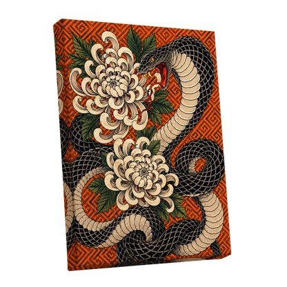 Serpent in Bloom, black, beige, green nature wall art shown as a stretched canvas wall art