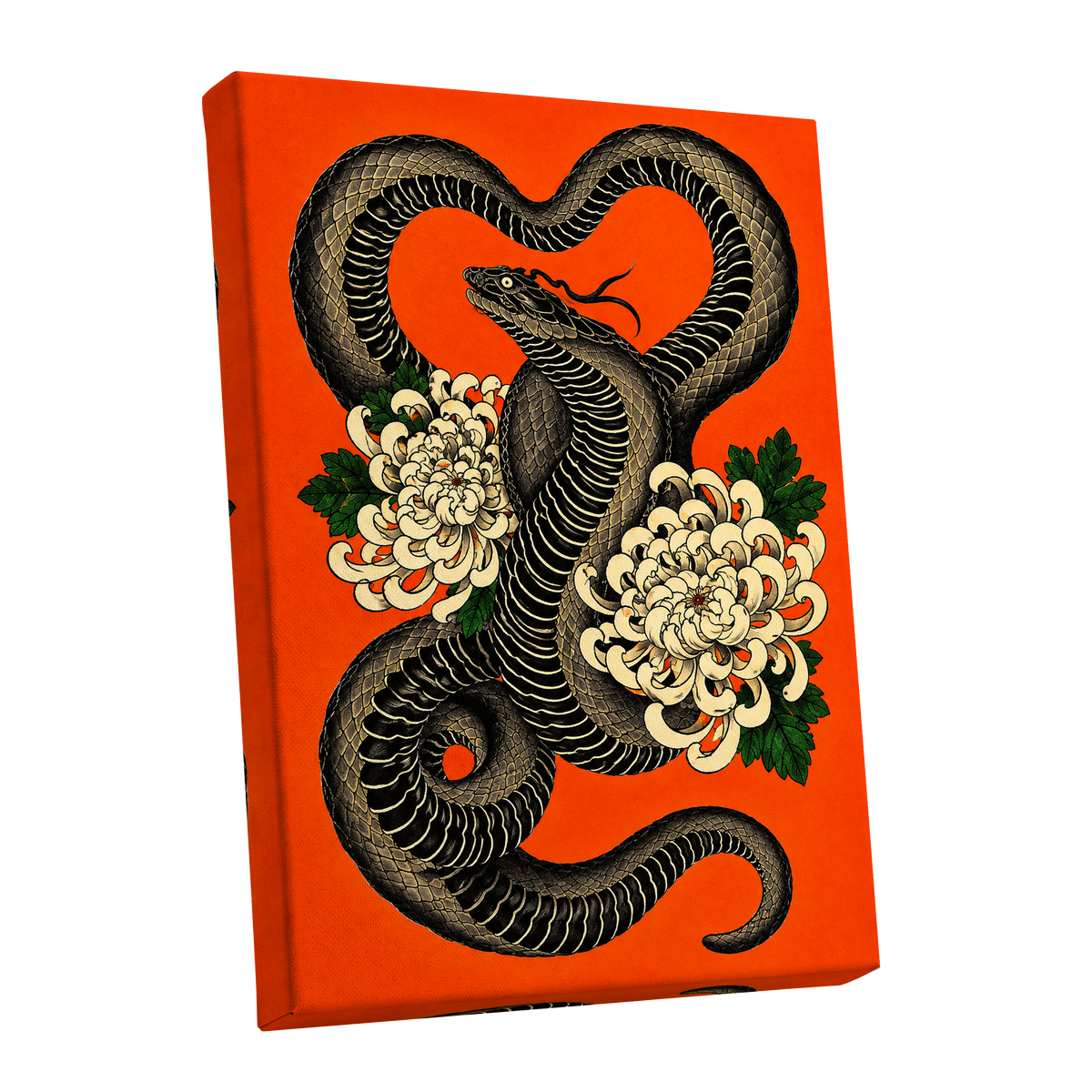 Serpent in Bloom, black, orange, beige nature wall art shown as a stretched canvas wall art