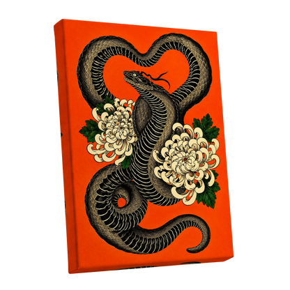 Serpent in Bloom, black, orange, beige nature wall art shown as a stretched canvas wall art
