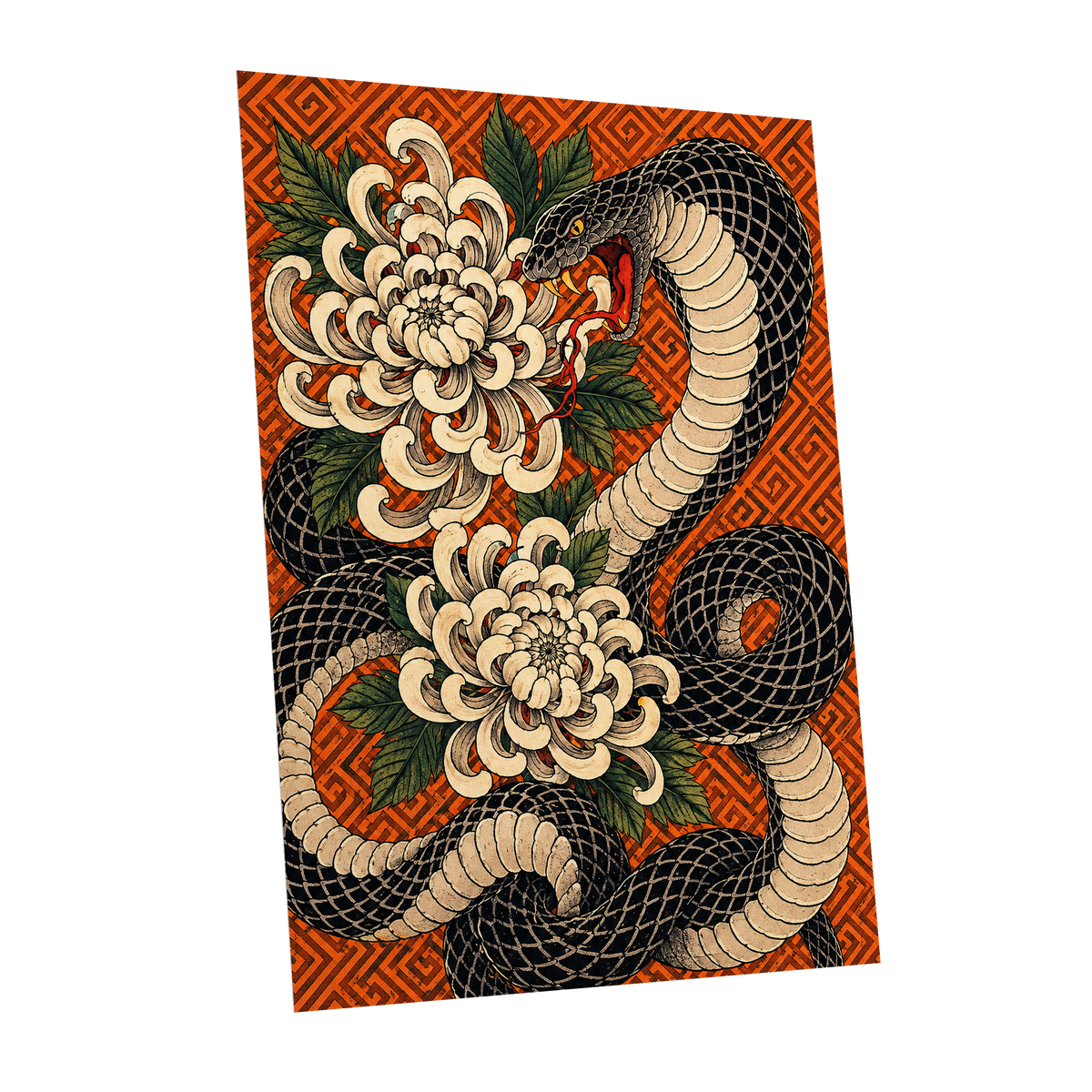 Serpent in Bloom, black, beige, green nature wall art shown as a unframed poster wall art print