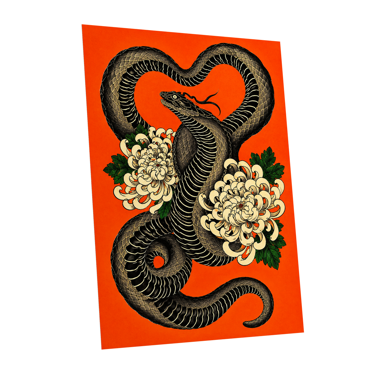 Serpent in Bloom, black, orange, beige nature wall art shown as a unframed poster wall art print