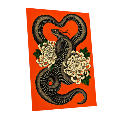Serpent in Bloom, black, orange, beige nature wall art shown as a unframed poster wall art print