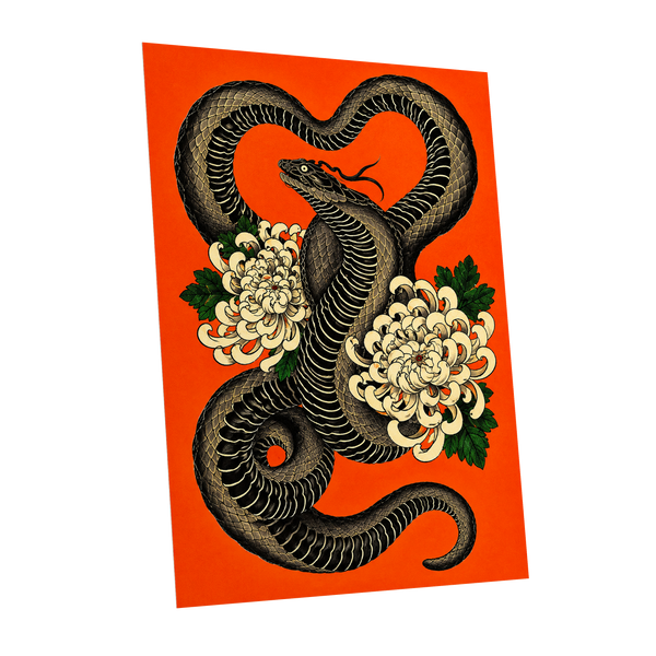 Serpent in Bloom, black, orange, beige nature wall art shown as a unframed poster wall art print