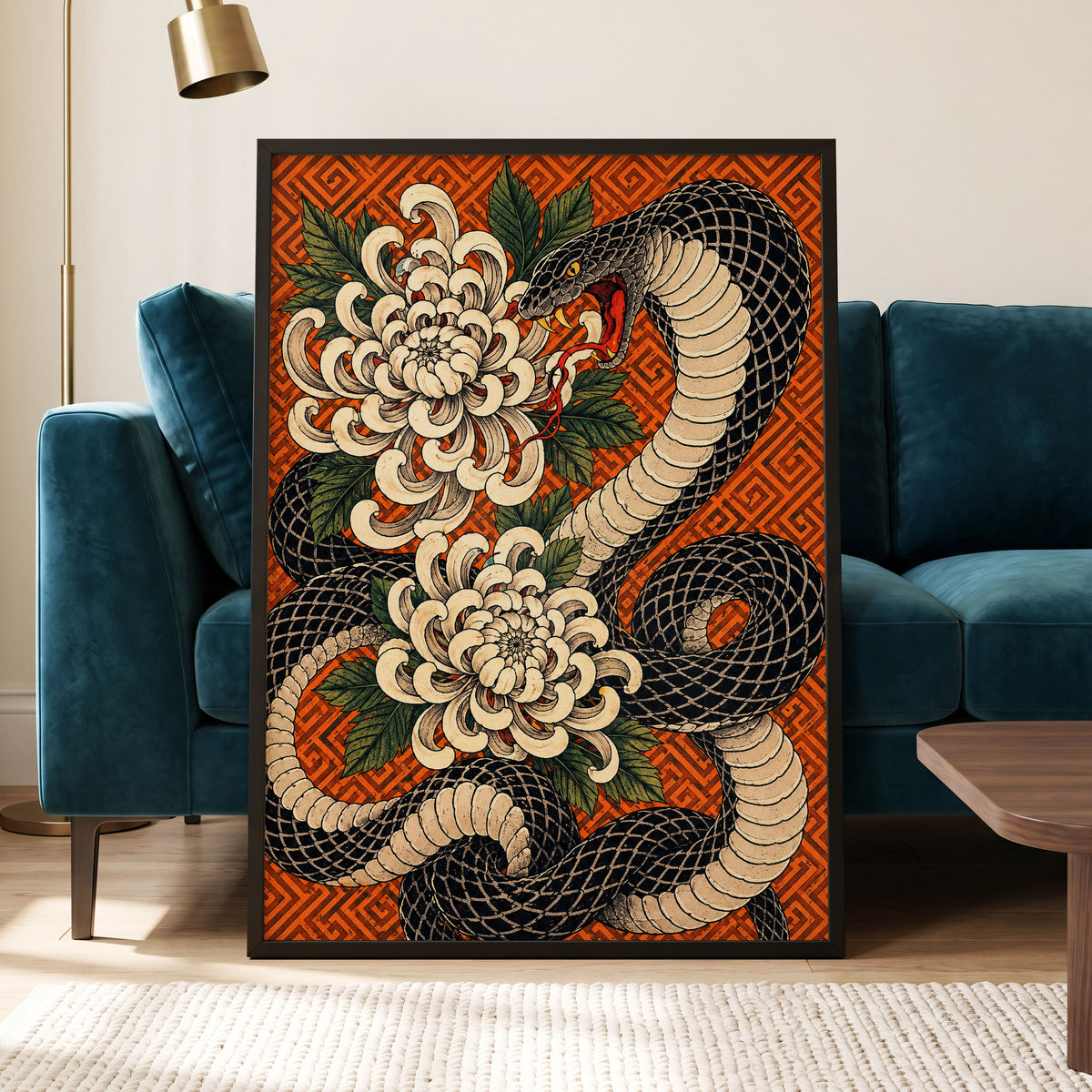 Serpent in Bloom, black, beige, green nature wall art displayed in a styled interior, gallery view 2
