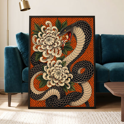 Serpent in Bloom, black, beige, green nature wall art displayed in a styled interior, gallery view 2