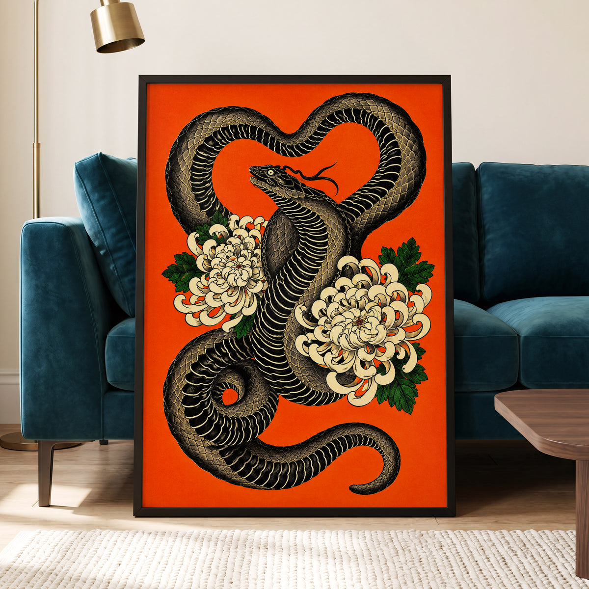 Serpent in Bloom, black, orange, beige nature wall art displayed in a styled interior, gallery view 2