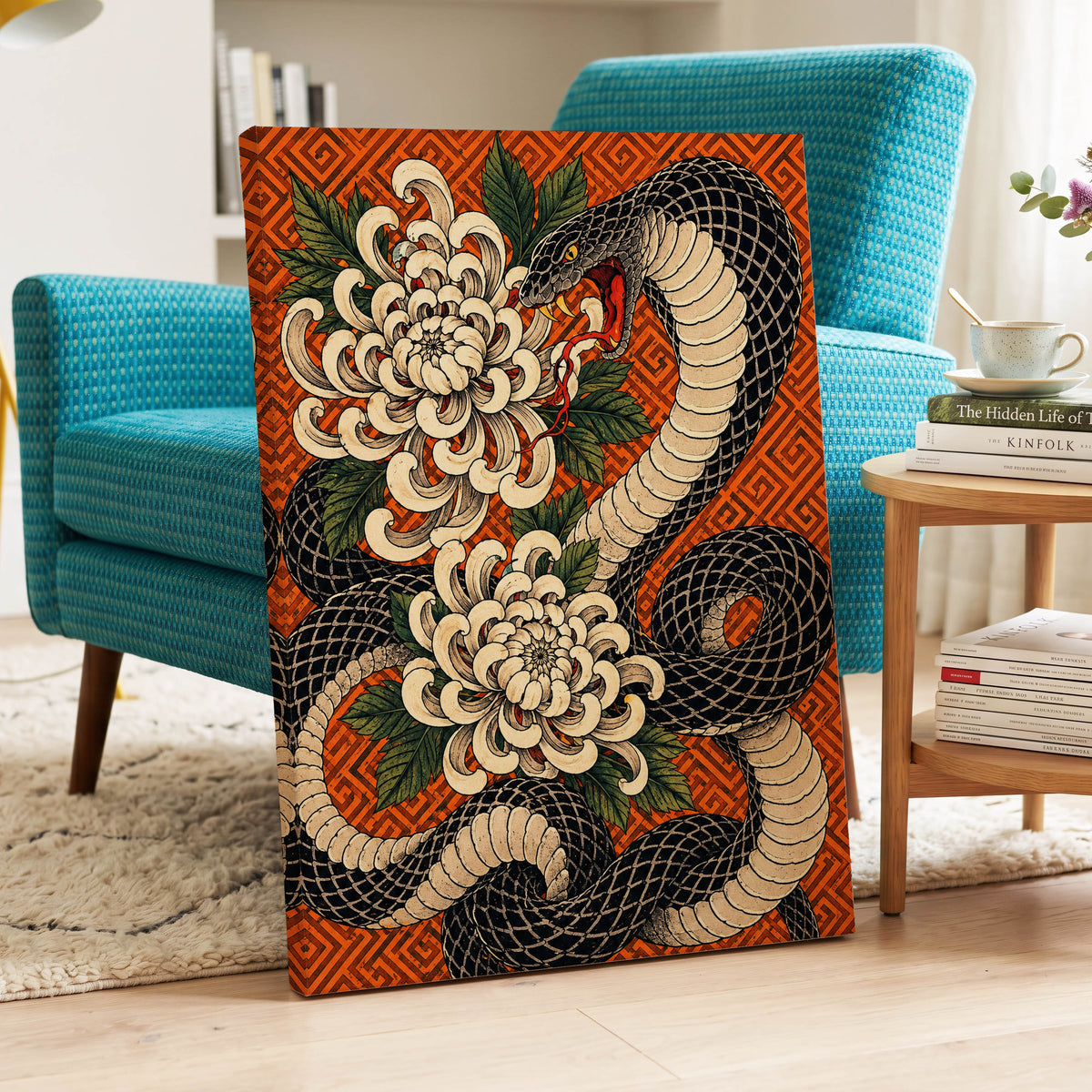 Serpent in Bloom, black, beige, green nature wall art displayed in a styled interior, gallery view 3