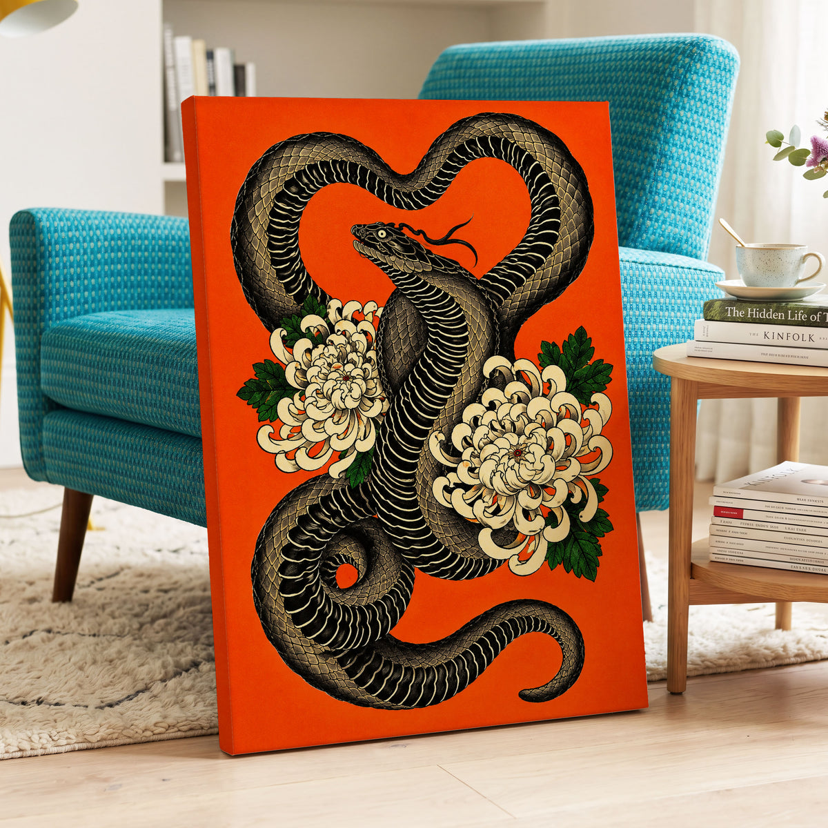 Serpent in Bloom, black, orange, beige nature wall art displayed in a styled interior, gallery view 3
