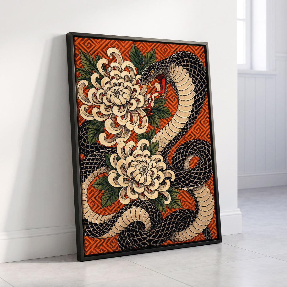 Serpent in Bloom, black, beige, green nature wall art displayed in a styled interior, gallery view 4