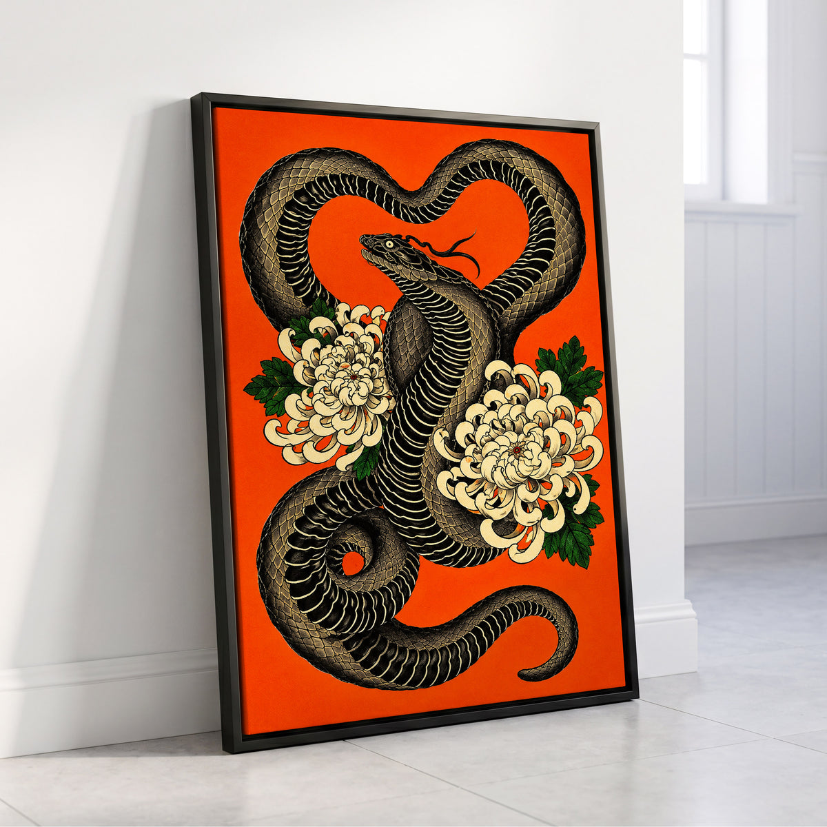 Serpent in Bloom, black, orange, beige nature wall art displayed in a styled interior, gallery view 4