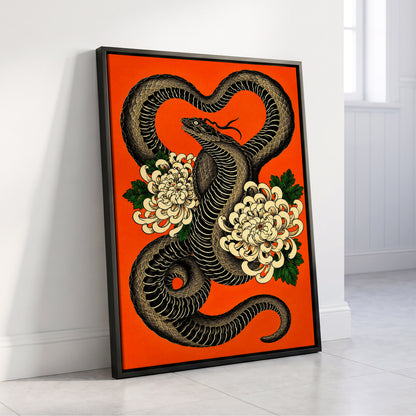 Serpent in Bloom, black, orange, beige nature wall art displayed in a styled interior, gallery view 4