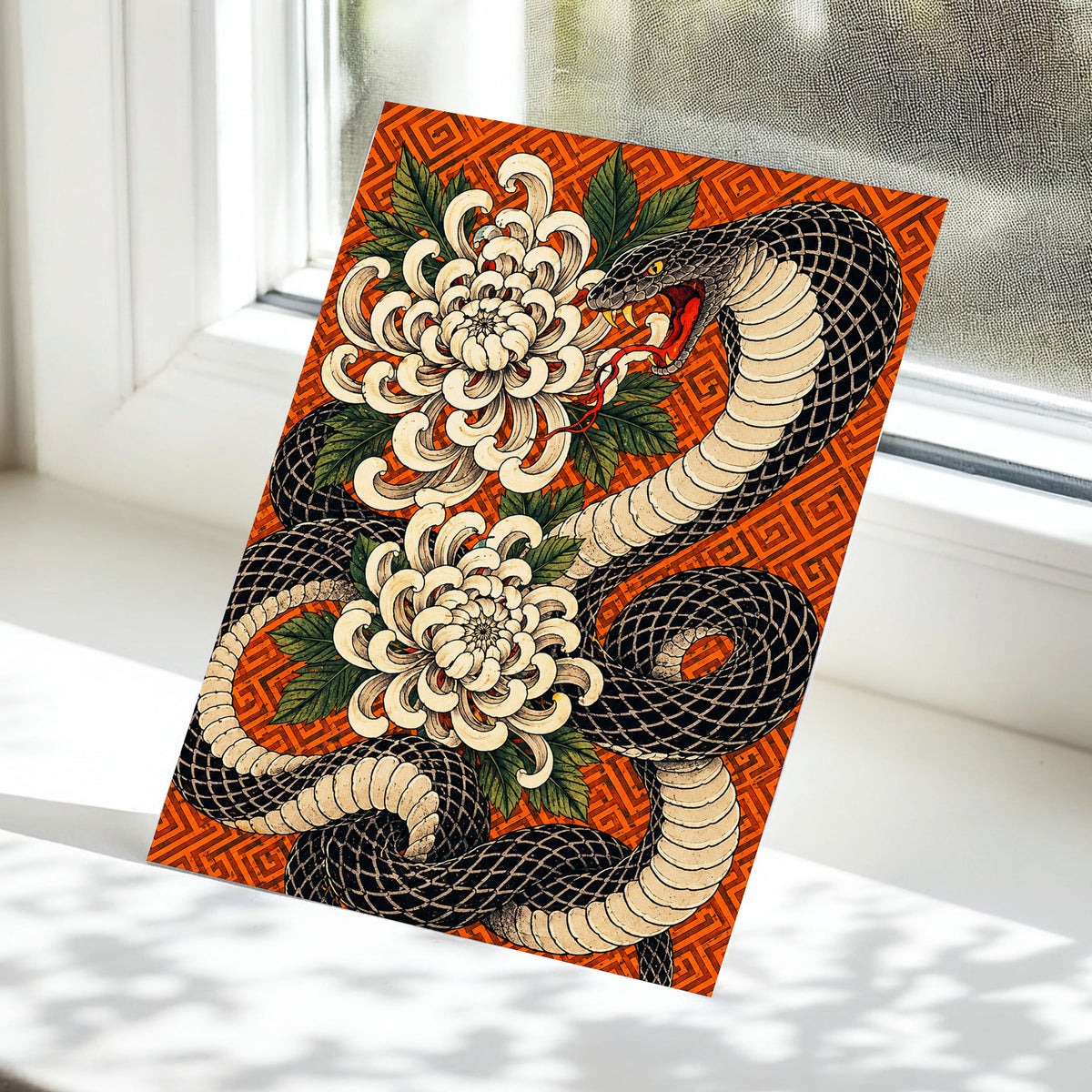 Serpent in Bloom, black, beige, green nature wall art displayed in a styled interior, gallery view 5