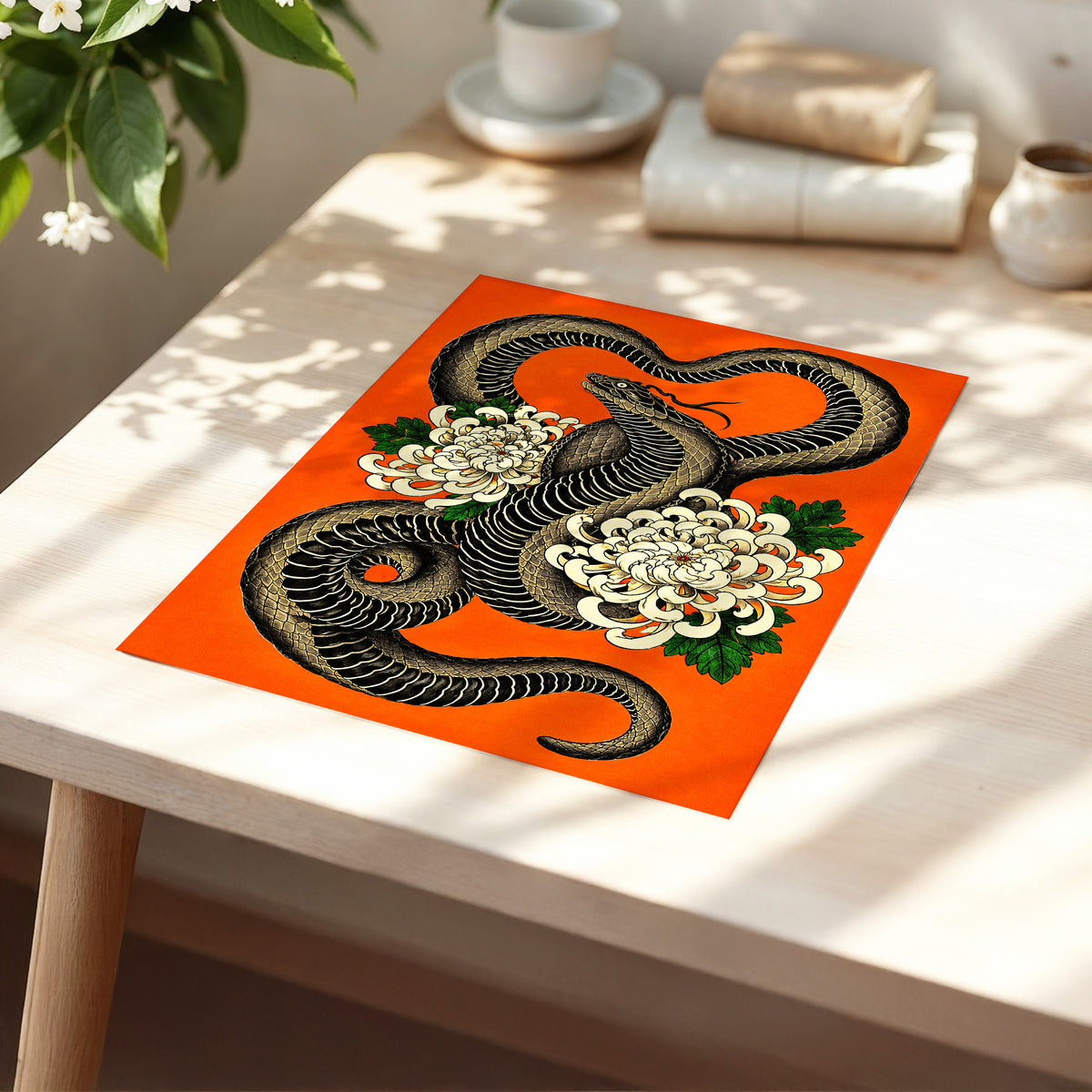 Serpent in Bloom, black, orange, beige nature wall art displayed in a styled interior, gallery view 5