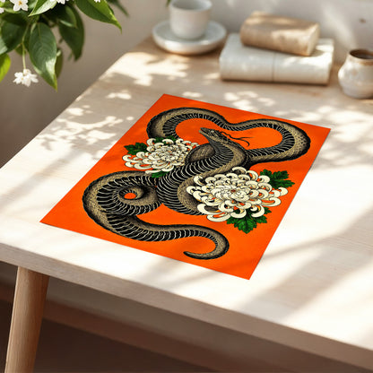 Serpent in Bloom, black, orange, beige nature wall art displayed in a styled interior, gallery view 5