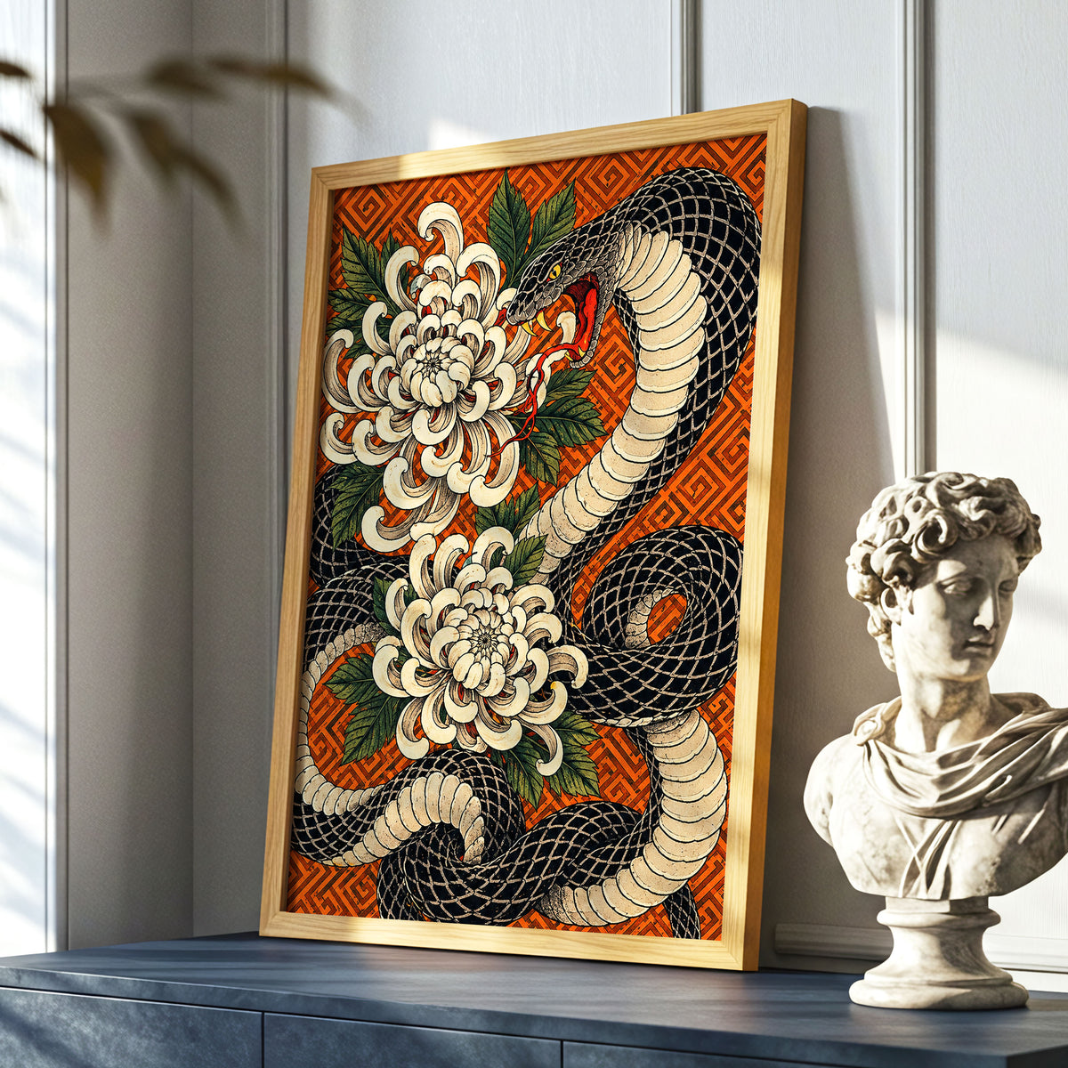Serpent in Bloom, black, beige, green nature wall art displayed in a styled interior, gallery view 6
