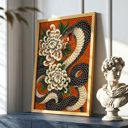 Serpent in Bloom, black, beige, green nature wall art displayed in a styled interior, gallery view 6
