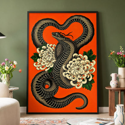 Serpent in Bloom, black, orange, beige nature wall art displayed in a styled interior, gallery view 6