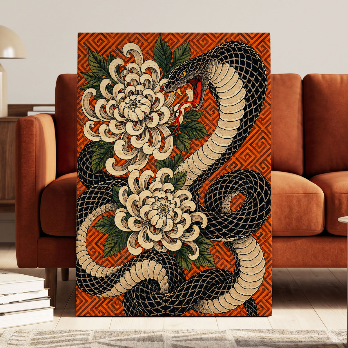 Serpent in Bloom, black, beige, green nature wall art displayed in a styled interior, gallery view 7