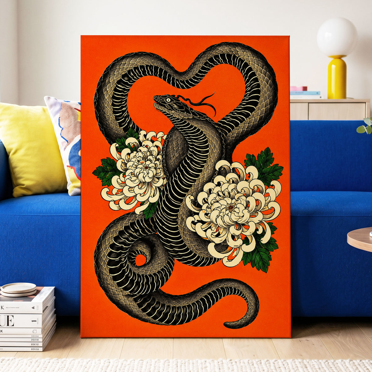 Serpent in Bloom, black, orange, beige nature wall art displayed in a styled interior, gallery view 7