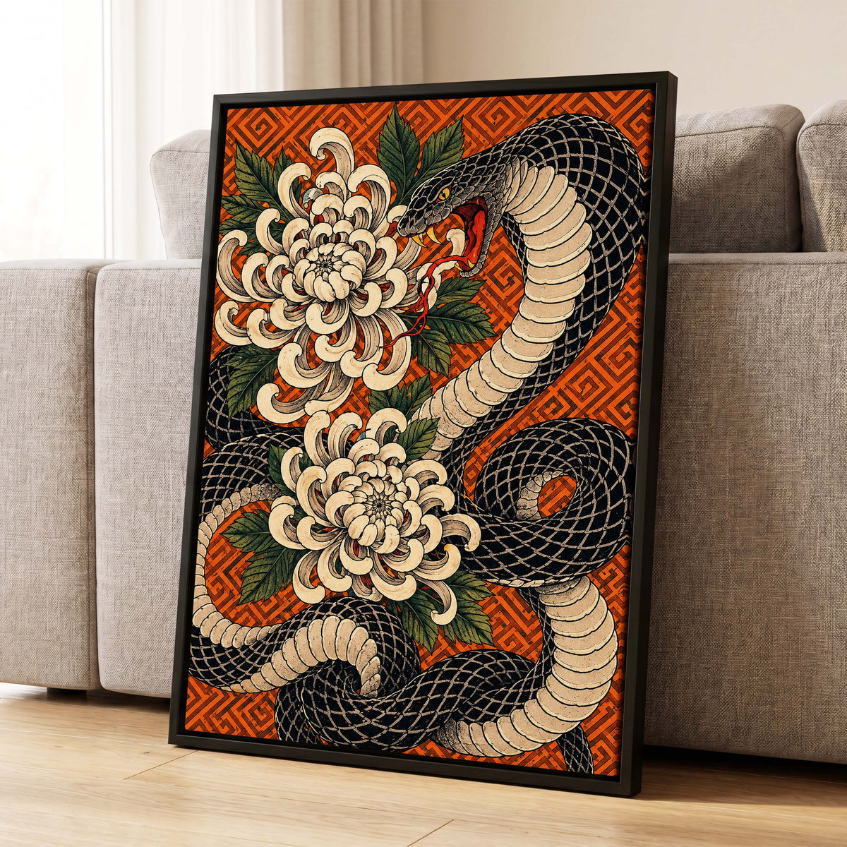 Serpent in Bloom, black, beige, green nature wall art displayed in a styled interior, gallery view 8