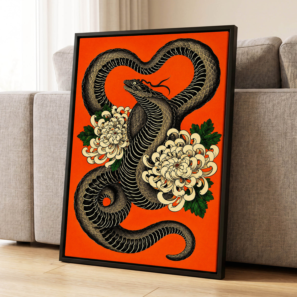 Serpent in Bloom, black, orange, beige nature wall art displayed in a styled interior, gallery view 8