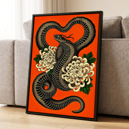 Serpent in Bloom, black, orange, beige nature wall art displayed in a styled interior, gallery view 8