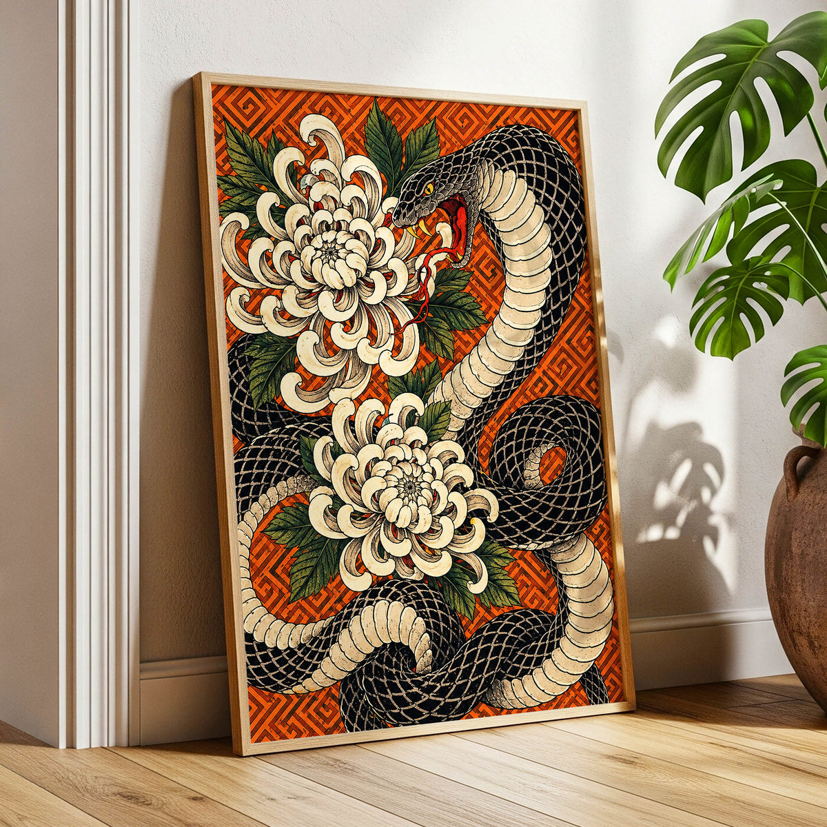 Serpent in Bloom, black, beige, green nature wall art displayed in a styled interior, gallery view 9