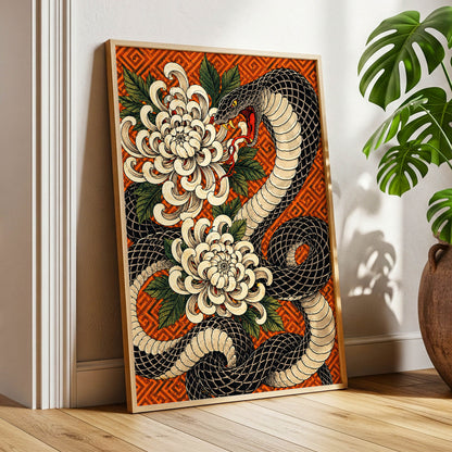 Serpent in Bloom, black, beige, green nature wall art displayed in a styled interior, gallery view 9