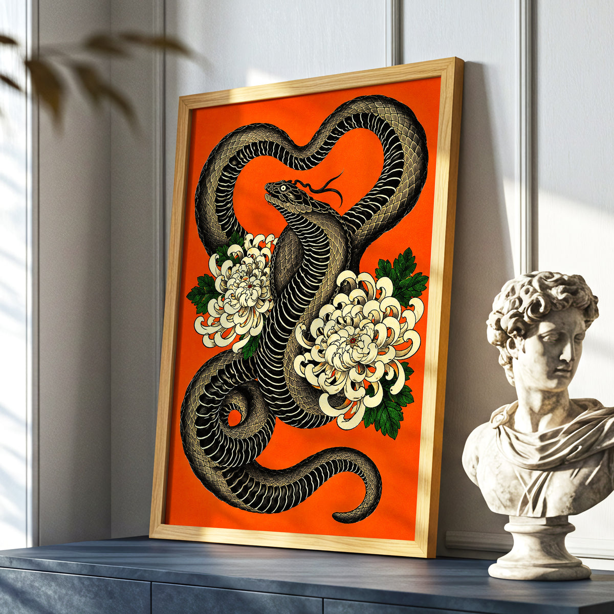 Serpent in Bloom, black, orange, beige nature wall art displayed in a styled interior, gallery view 9