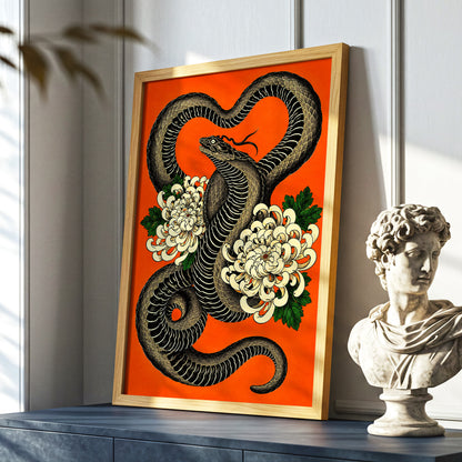 Serpent in Bloom, black, orange, beige nature wall art displayed in a styled interior, gallery view 9