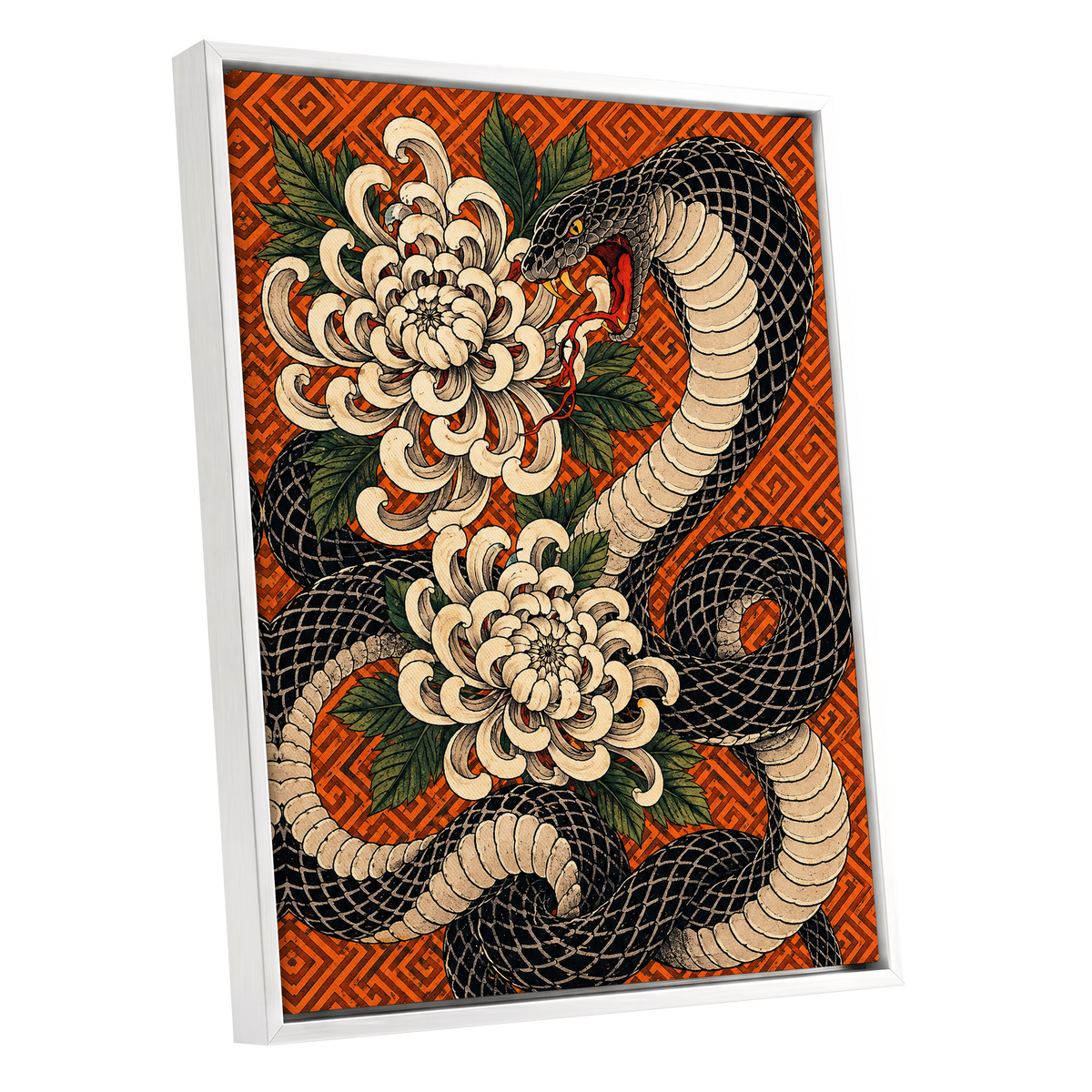 Serpent in Bloom, black, beige, green nature wall art shown as a white framed canvas wall art