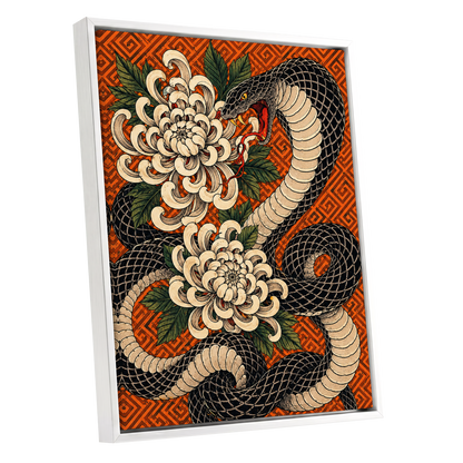 Serpent in Bloom, black, beige, green nature wall art shown as a white framed canvas wall art