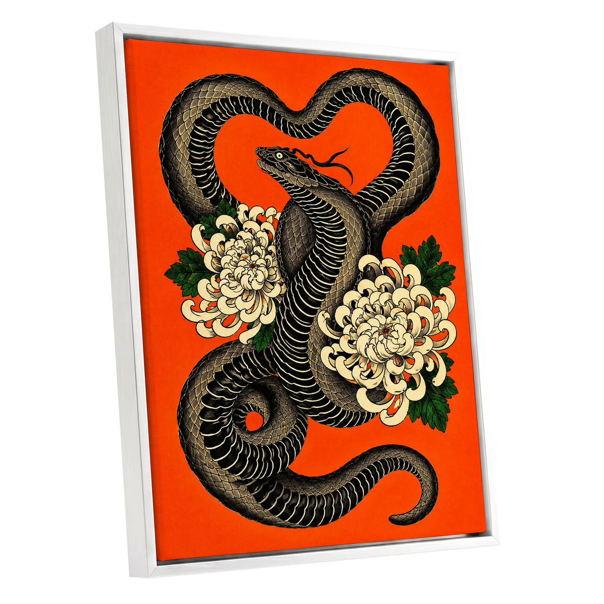 Serpent in Bloom, black, orange, beige nature wall art shown as a white framed canvas wall art