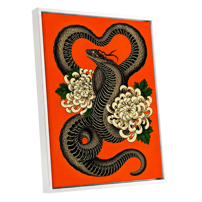 Serpent in Bloom, black, orange, beige nature wall art shown as a white framed canvas wall art