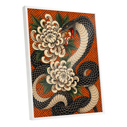 Serpent in Bloom, black, beige, green nature wall art shown as a white framed poster wall art print