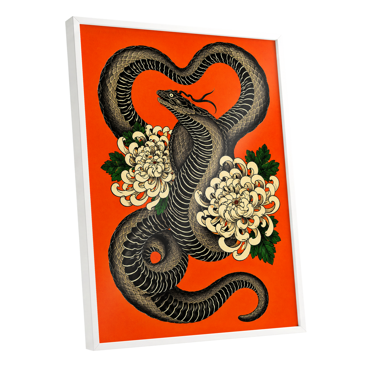 Serpent in Bloom, black, orange, beige nature wall art shown as a white framed poster wall art print