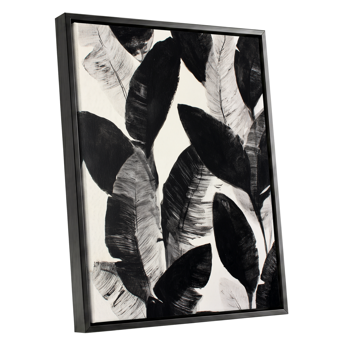 Shadowleaf Assembly, black, gray, white nature wall art shown as a black framed canvas wall art